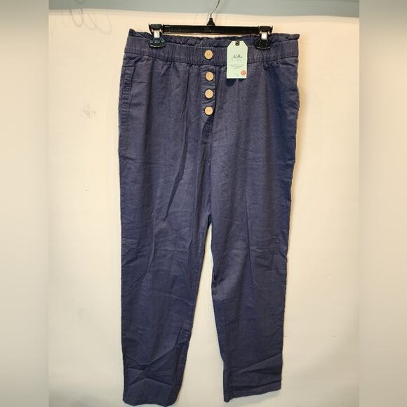 Blue Linen Pants Elasticized  Waist Pockets Pullon Pants Size L - Picture 2 of 11